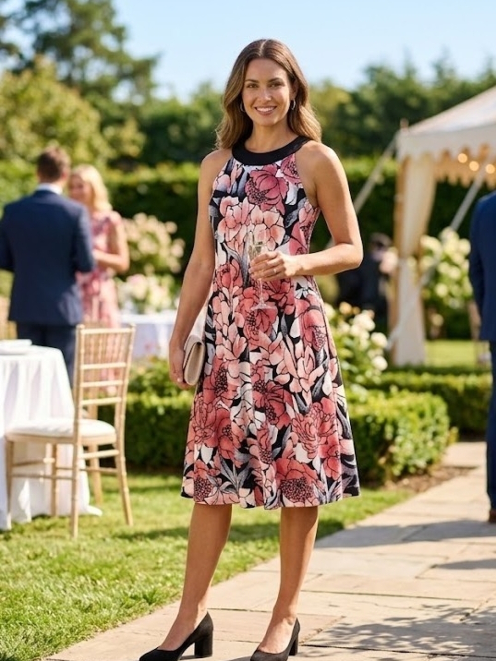 White House Black Market Pink & Black Floral Midi Dress